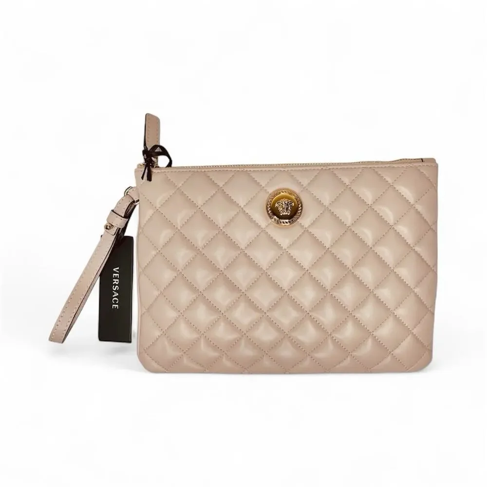 NWT Versace Medusa Clutch Quilted Leather Light Pink Pouch Wristlet 10